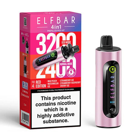 Elf Bar 4 in 1 Vape Kit red edition device and packaging on a white background - uk vape sales