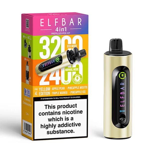 Elf Bar 4 in 1 Vape Kit yellow edition device and packaging on a white background - uk vape sales