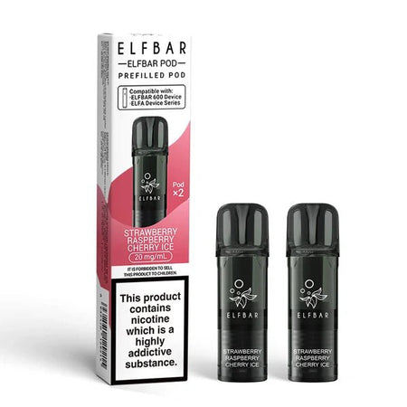 Elf Bar 600 prefilled pods strawberry raspberry cherry ice pods with packaging on a white background - uk vape sales