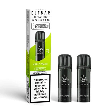 Elf Bar 600 prefilled pods apple peach pods with packaging on a white background - uk vape sales