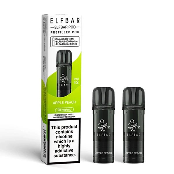 Elf Bar 600 prefilled pods apple peach pods with packaging on a white background - uk vape sales