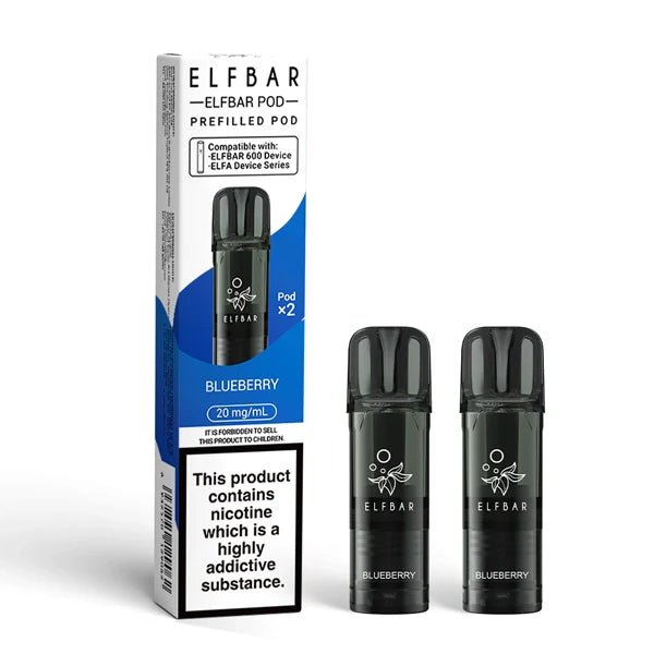 Elf Bar 600 prefilled pods blueberry pods with packaging on a white background - uk vape sales