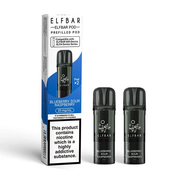 Elf Bar 600 prefilled pods blueberry sour raspberry pods with packaging on a white background - uk vape sales