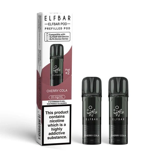 Elf Bar 600 prefilled pods cherry cola pods with packaging on a white background - uk vape sales