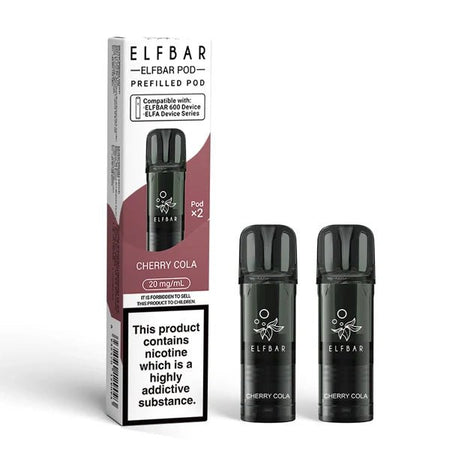 Elf Bar 600 prefilled pods cherry cola pods with packaging on a white background - uk vape sales