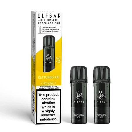 Elf Bar 600 prefilled pods elfturbo ice pods with packaging on a white background - uk vape sales