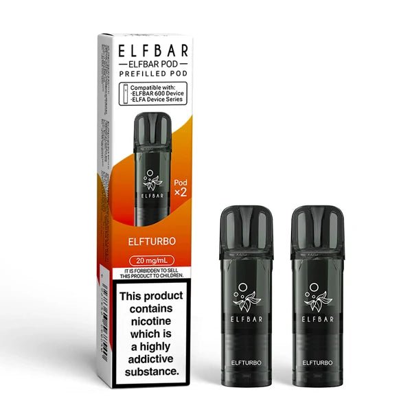 Elf Bar 600 prefilled pods elfturbo pods with packaging on a white background - uk vape sales