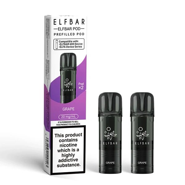 Elf Bar 600 prefilled pods grape pods with packaging on a white background - uk vape sales
