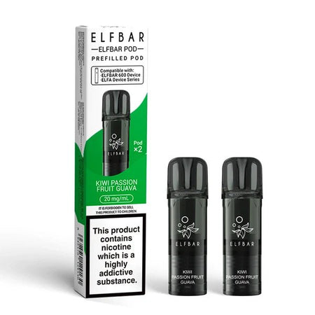 Elf Bar 600 prefilled pods kiwi passion fruit guava pods with packaging on a white background - uk vape sales
