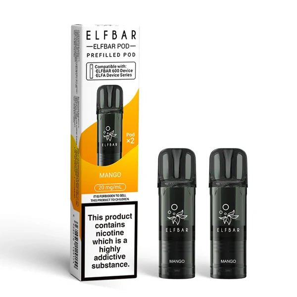 Elf Bar 600 prefilled pods mango pods with packaging on a white background - uk vape sales