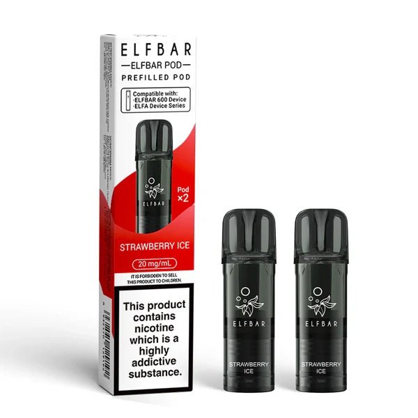 Elf Bar 600 prefilled pods strawberry ice pods with packaging on a white background - uk vape sales
