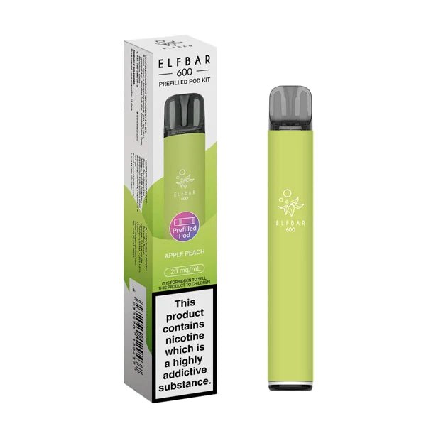 Elf Bar 600 vape kit apple peach device and packaging on a white background - uk vape sales