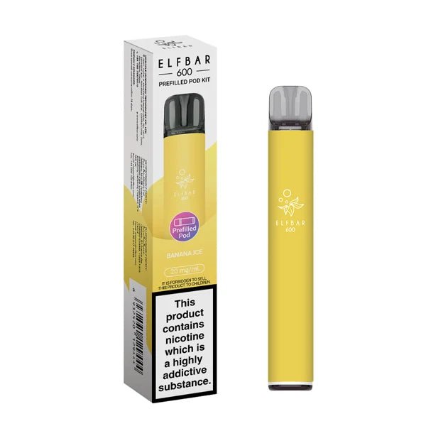 Elf Bar 600 vape kit banana ice device and packaging on a white background - uk vape sales