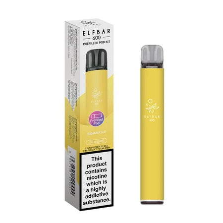 Elf Bar 600 vape kit banana ice device and packaging on a white background - uk vape sales