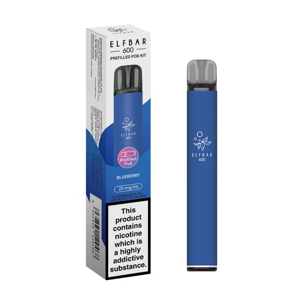 Elf Bar 600 vape kit blueberry device and packaging on a white background - uk vape sales