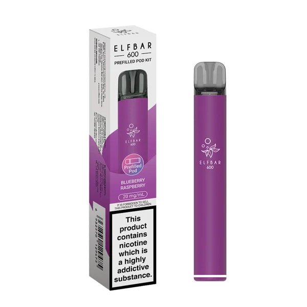 Elf Bar 600 vape kit blueberry raspberry device and packaging on a white background - uk vape sales