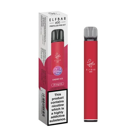 Elf Bar 600 vape kit cherry ice device and packaging on a white background - uk vape sales