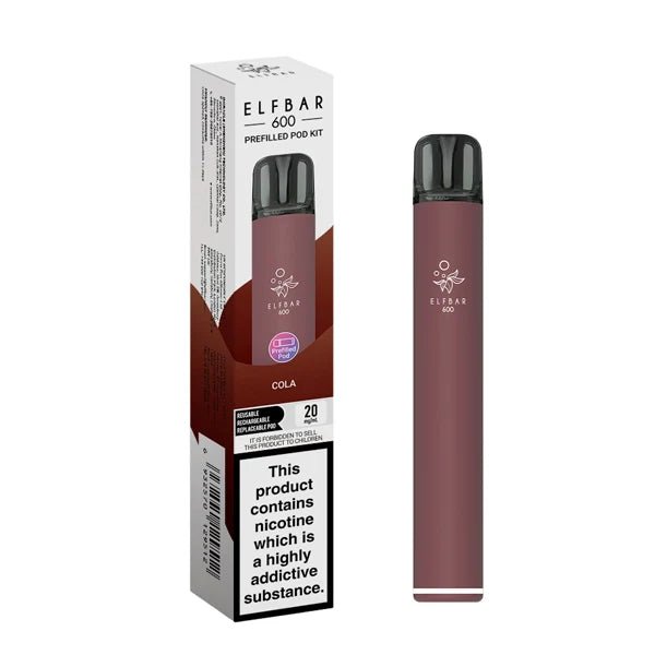 Elf Bar 600 vape kit cola device and packaging on a white background - uk vape sales