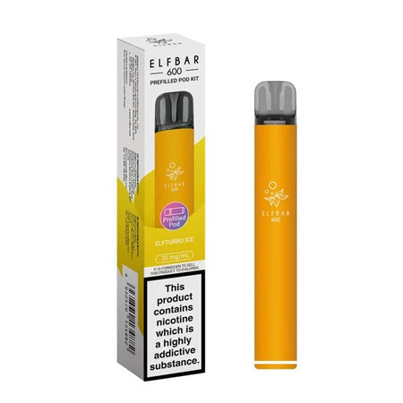 Elf Bar 600 vape kit elfturbo ice device and packaging on a white background - uk vape sales