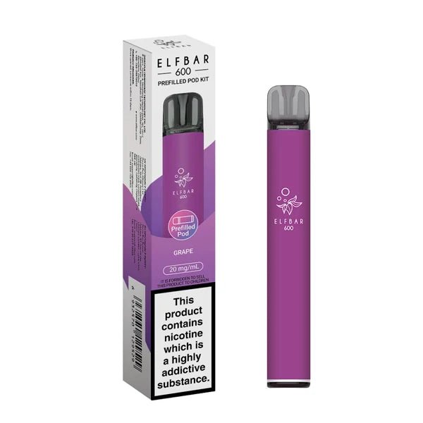 Elf Bar 600 vape kit grape device and packaging on a white background - uk vape sales