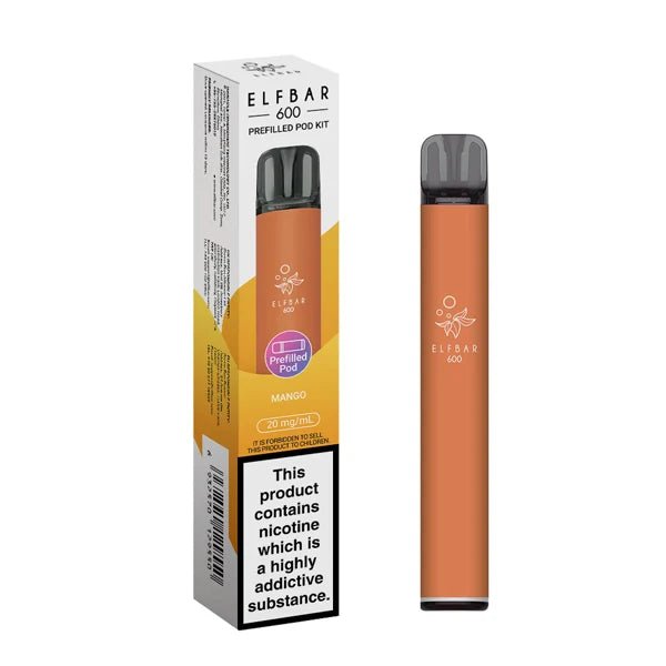 Elf Bar 600 vape kit mango device and packaging on a white background - uk vape sales