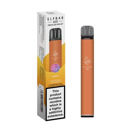 Elf Bar 600 vape kit mango device and packaging on a white background - uk vape sales
