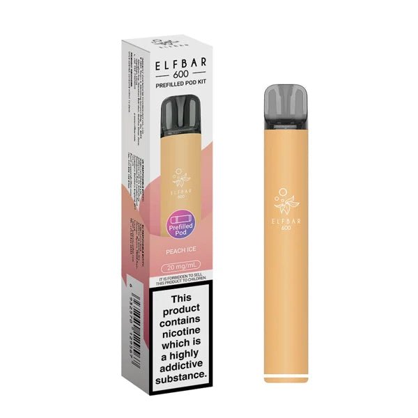 Elf Bar 600 vape kit peach ice device and packaging on a white background - uk vape sales