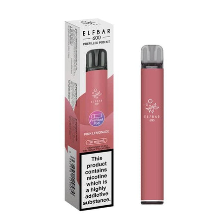 Elf Bar 600 vape kit pink lemonade device and packaging on a white background - uk vape sales