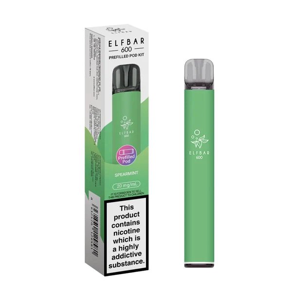Elf Bar 600 vape kit spearmint device and packaging on a white background - uk vape sales