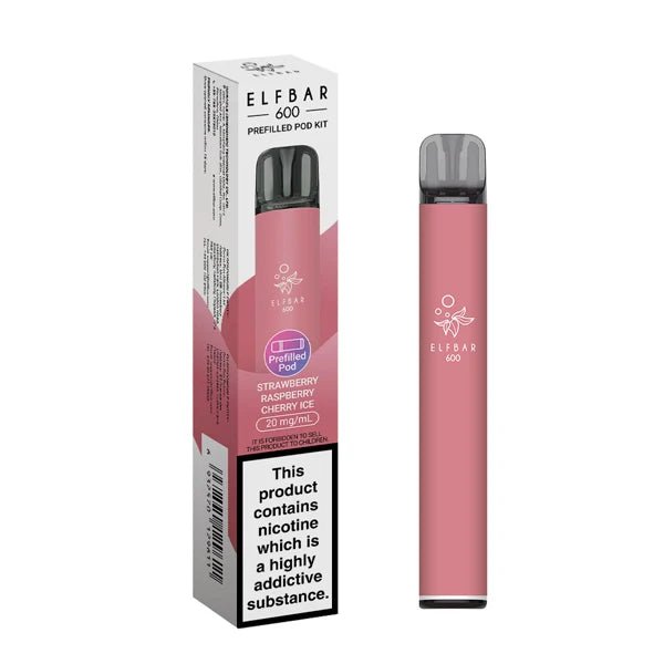 Elf Bar 600 vape kit strawberry raspberry cherry ice device and packaging on a white background - uk vape sales