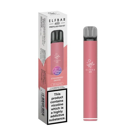 Elf Bar 600 vape kit strawberry snoow device and packaging on a white background - uk vape sales