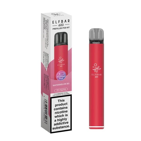 Elf Bar 600 vape kit watermelon bg device and packaging on a white background - uk vape sales