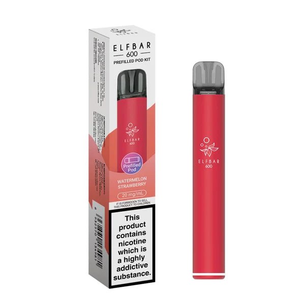 Elf Bar 600 vape kit watermelon strawberry device and packaging on a white background - uk vape sales