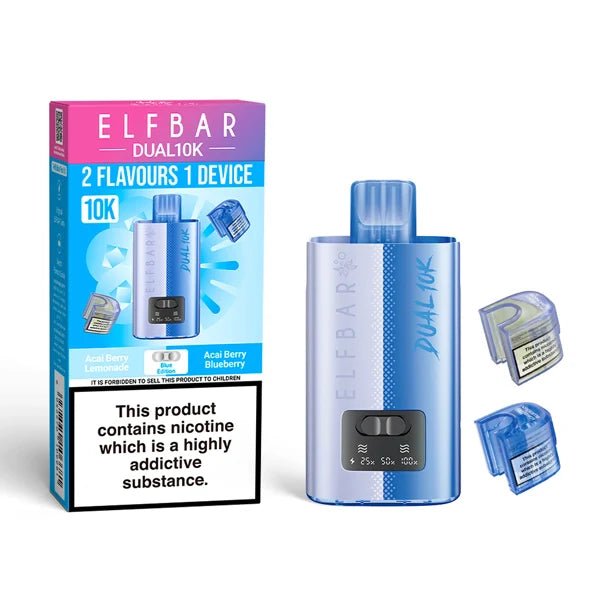 Elf Bar Dual 10K vape kit blue edition device and packaging on a white background - uk vape sales