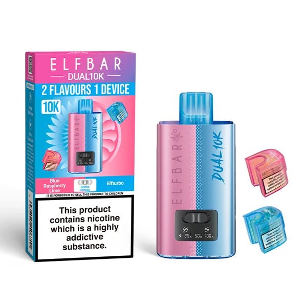 Elf Bar Dual 10K vape kit drinks edition device and packaging on a white background - uk vape sales
