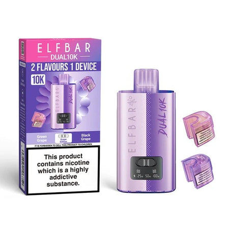 Elf Bar Dual 10K vape kit grape edition device and packaging on a white background - uk vape sales