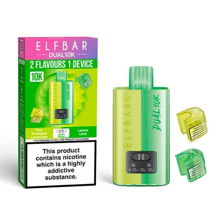 Elf Bar Dual 10K vape kit lemon edition device and packaging on a white background - uk vape sales