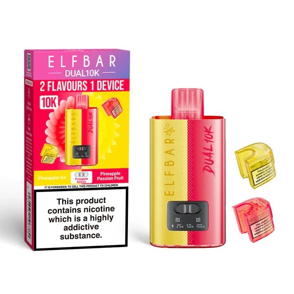 Elf Bar Dual 10K vape kit pineapple edition device and packaging on a white background - uk vape sales