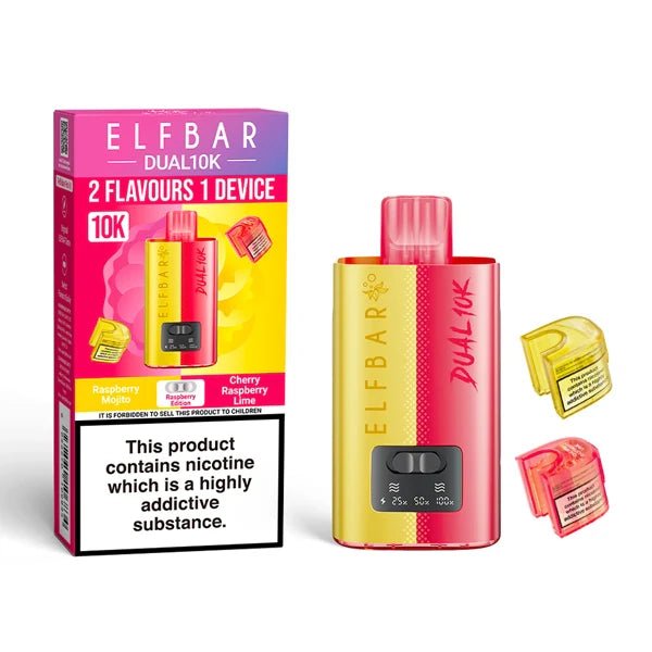 Elf Bar Dual 10K vape kit raspberry edition device and packaging on a white background - uk vape sales