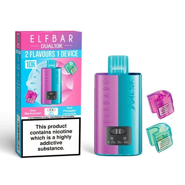 Elf Bar Dual 10K vape kit sour edition device and packaging on a white background - uk vape sales
