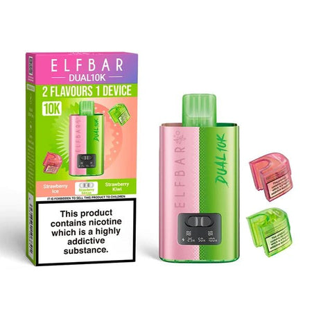 Elf Bar Dual 10K vape kit strawberry edition device and packaging on a white background - uk vape sales