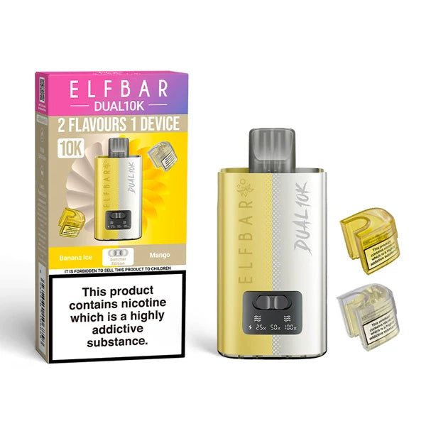 Elf Bar Dual 10K vape kit summer edition device and packaging on a white background - uk vape sales