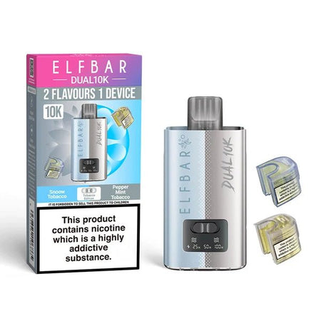 Elf Bar Dual 10K vape kit tobacco edition device and packaging on a white background - uk vape sales
