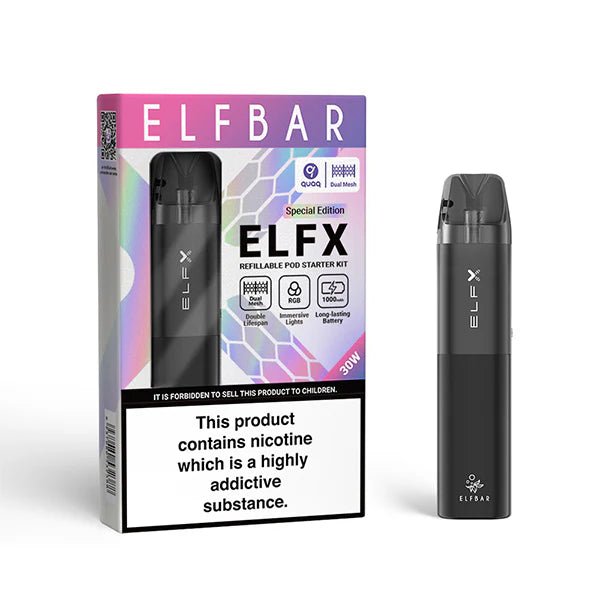 Elfbar ELFX Vape Kit Black pod Kit With Packaging on White Background- UK Vape Sales