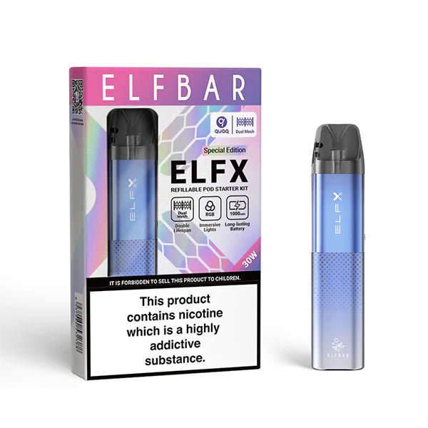 Elfbar ELFX Vape Kit Blue pod Kit With Packaging on White Background- UK Vape Sales