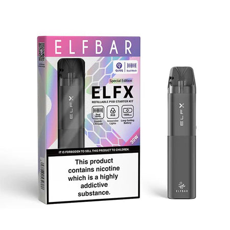 Elfbar ELFX Vape Kit Grey pod Kit With Packaging on White Background- UK Vape Sales