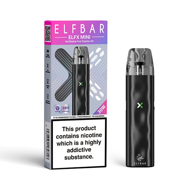 Elfbar ELFX Mini Vape Kit Black pod Kit With Packaging On White Background - UK Vape Sales