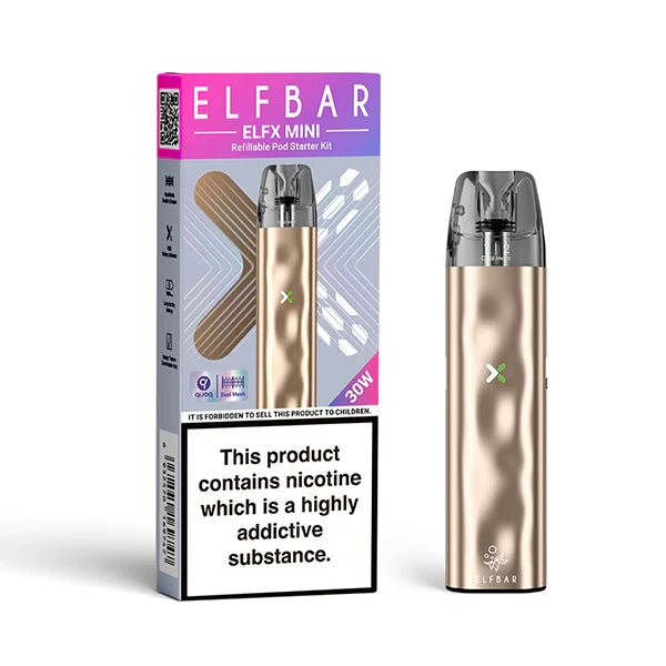 Elfbar ELFX Mini Vape Kit Gold pod Kit With Packaging On White Background - UK Vape Sales