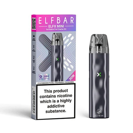 Elfbar ELFX Mini Vape Kit Grey pod Kit With Packaging On White Background - UK Vape Sales