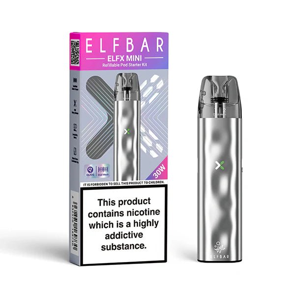 Elfbar ELFX Mini Vape Kit Silver pod Kit With Packaging On White Background - UK Vape Sales